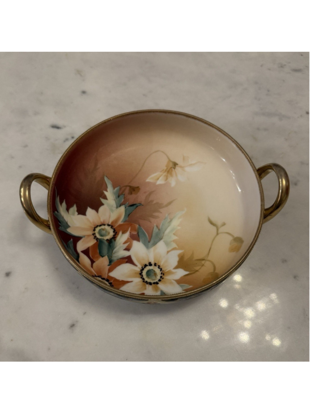 Antique 1911-1921 Morimura Nippon Hand Painted Floral Porcelain Bowl Gold Handle